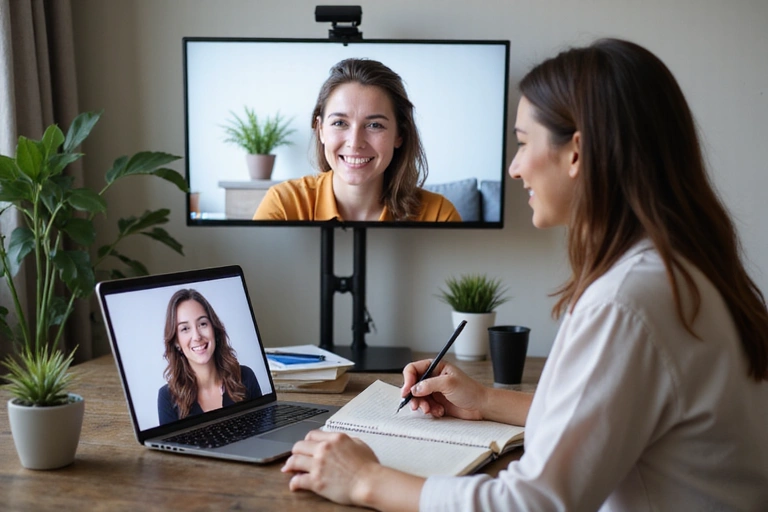 Online coaching session with a coach on a laptop screen and a client taking notes