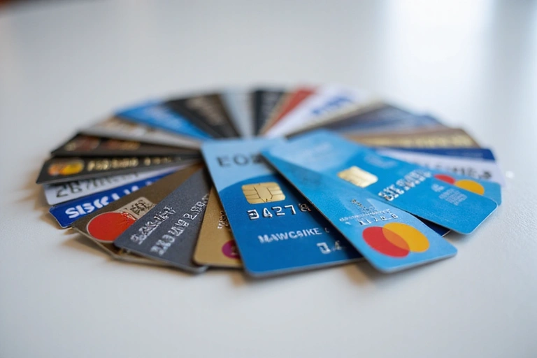 Various credit cards fanned out on a table, including Visa, MasterCard, and American Express