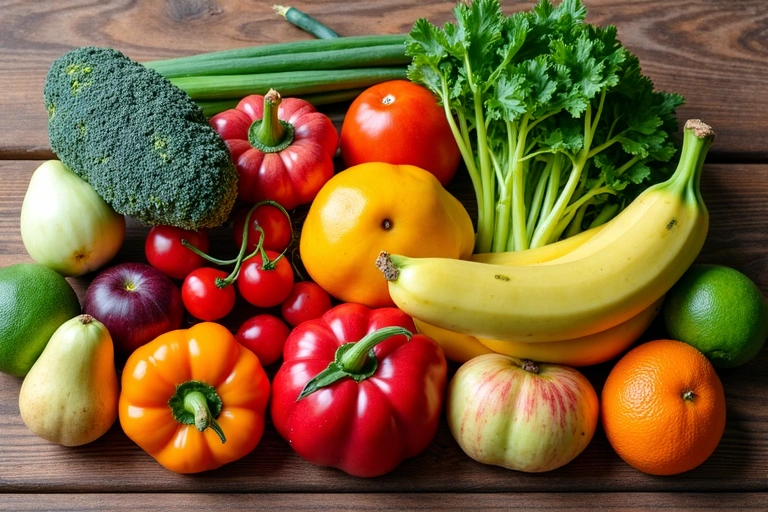 A diverse selection of fresh, colorful fruits and vegetables arranged artfully, representing the importance of whole foods.