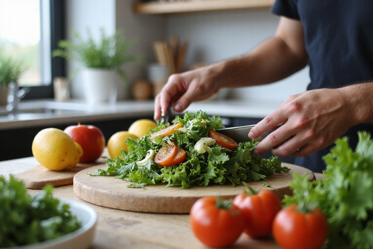 Someone preparing a delicious, healthy salad with various fresh ingredients in a modern kitchen.